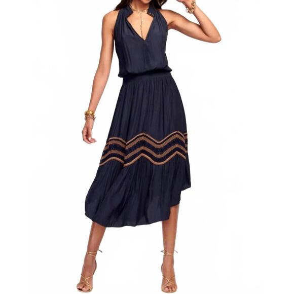 NEW RAMY BROOK alexis embroidered smocked midi-dress in navy